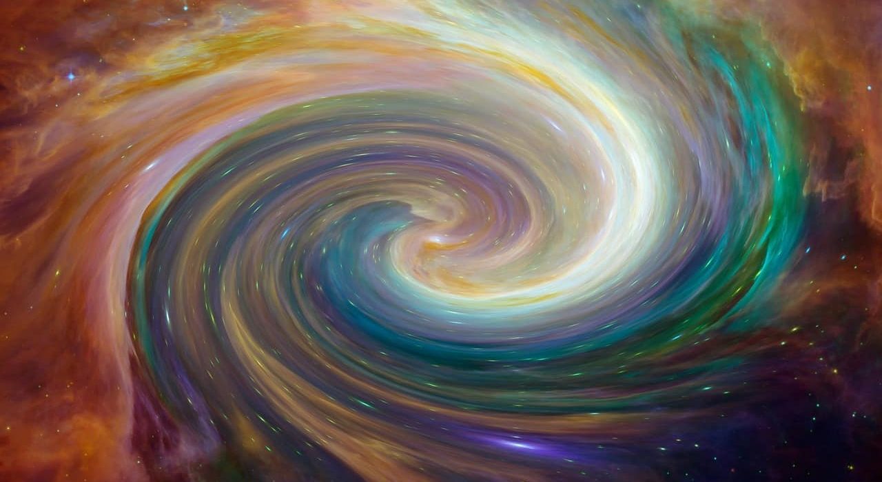 Image of a galaxy in space accented by vivid, swirly colors