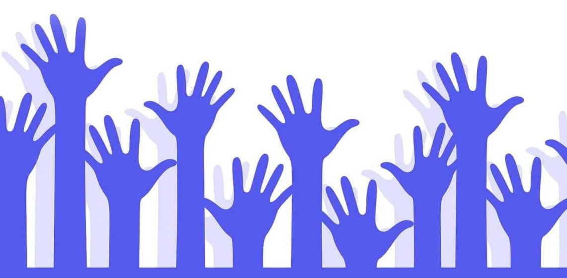 illustrations in blue of arms and hands waving in the air