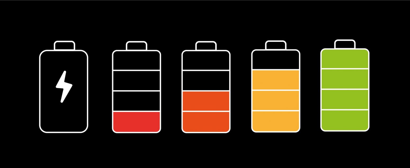 image of illustrated batteries lined up from left to right showing them at increasing levels of being recharged