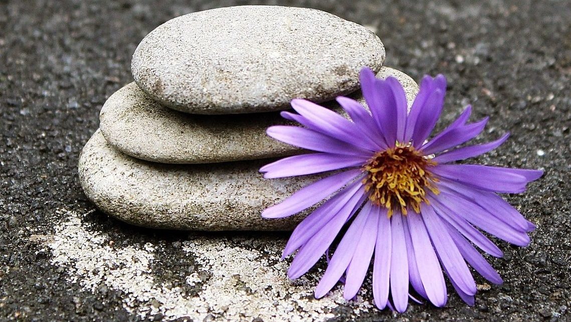 a stack of 3 rounded stones on pavement with a purple flower propped up against them